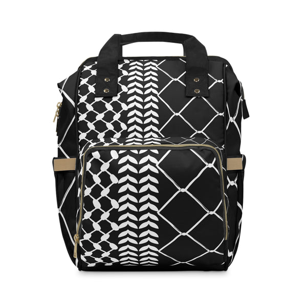 Multifunctional Diaper Backpack with Kufiya Pattern Black