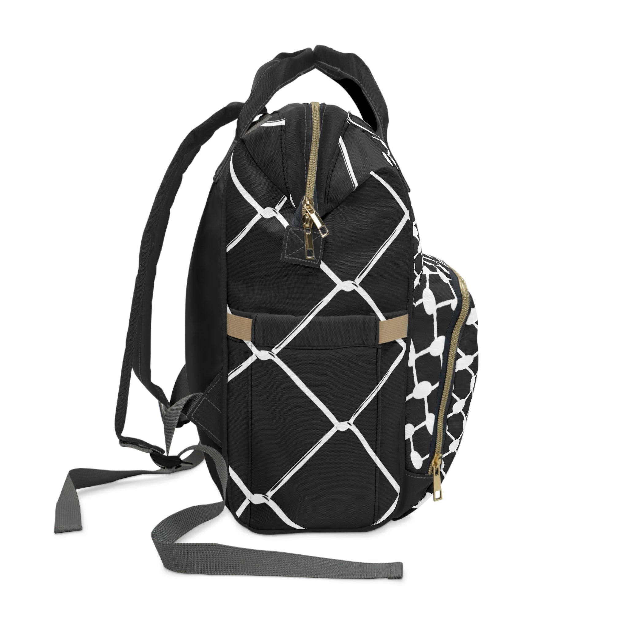Multifunctional Diaper Backpack with Kufiya Pattern Black