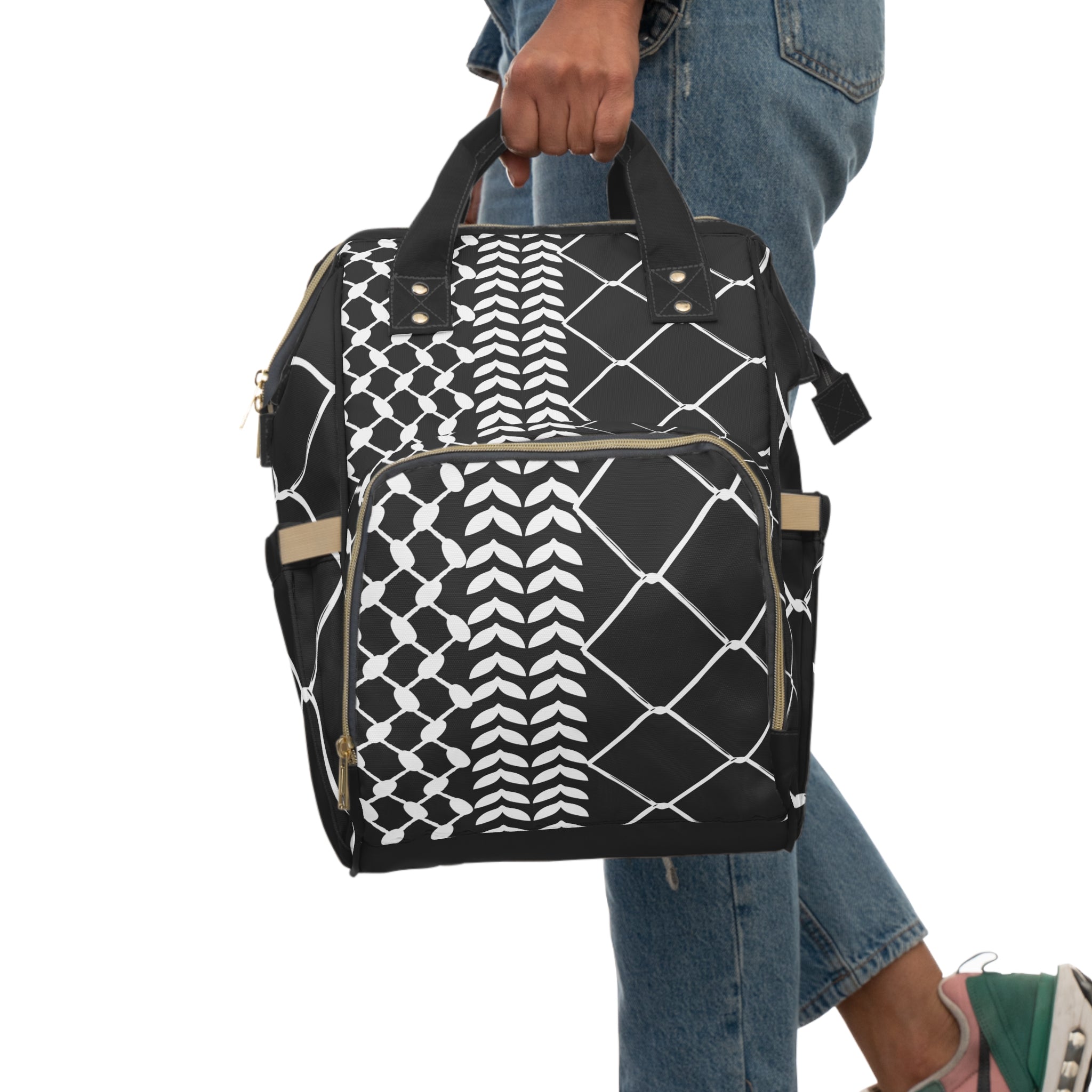 Multifunctional Diaper Backpack with Kufiya Pattern Black