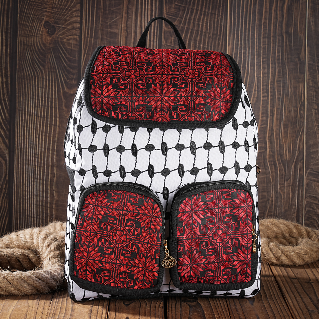 Handmade Tatreez & Kufiya Pattern Embroidered Backpack – Palestinian Craftsmanship