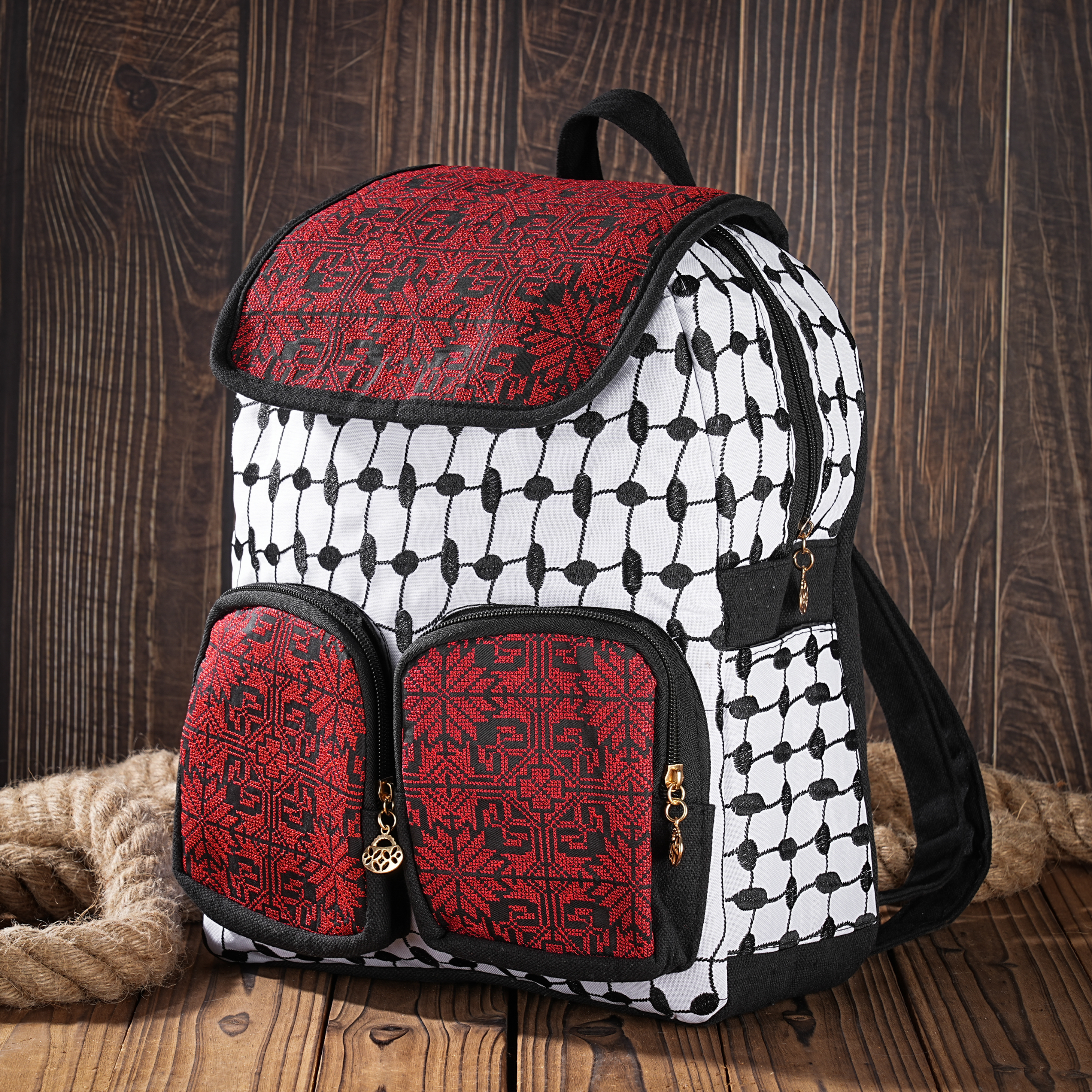 Handmade Tatreez & Kufiya Pattern Embroidered Backpack – Palestinian Craftsmanship