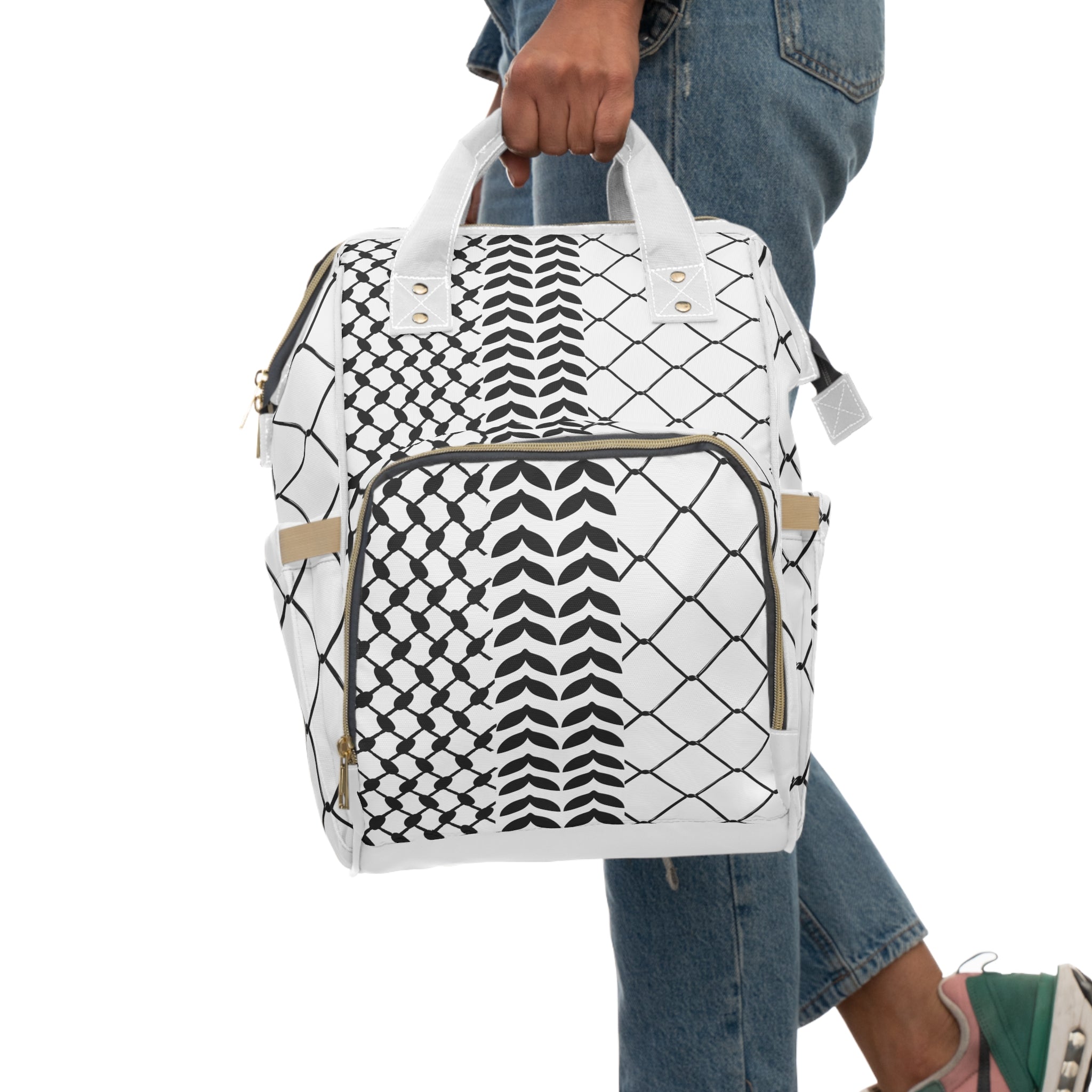 Multifunctional Diaper Backpack with Kufiya Pattern