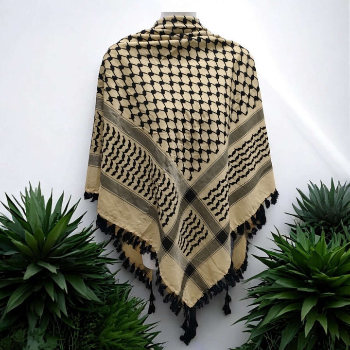 Off-White and Black Kufiya Scarf with Geometric Pattern and Tassels Displayed on Mannequin