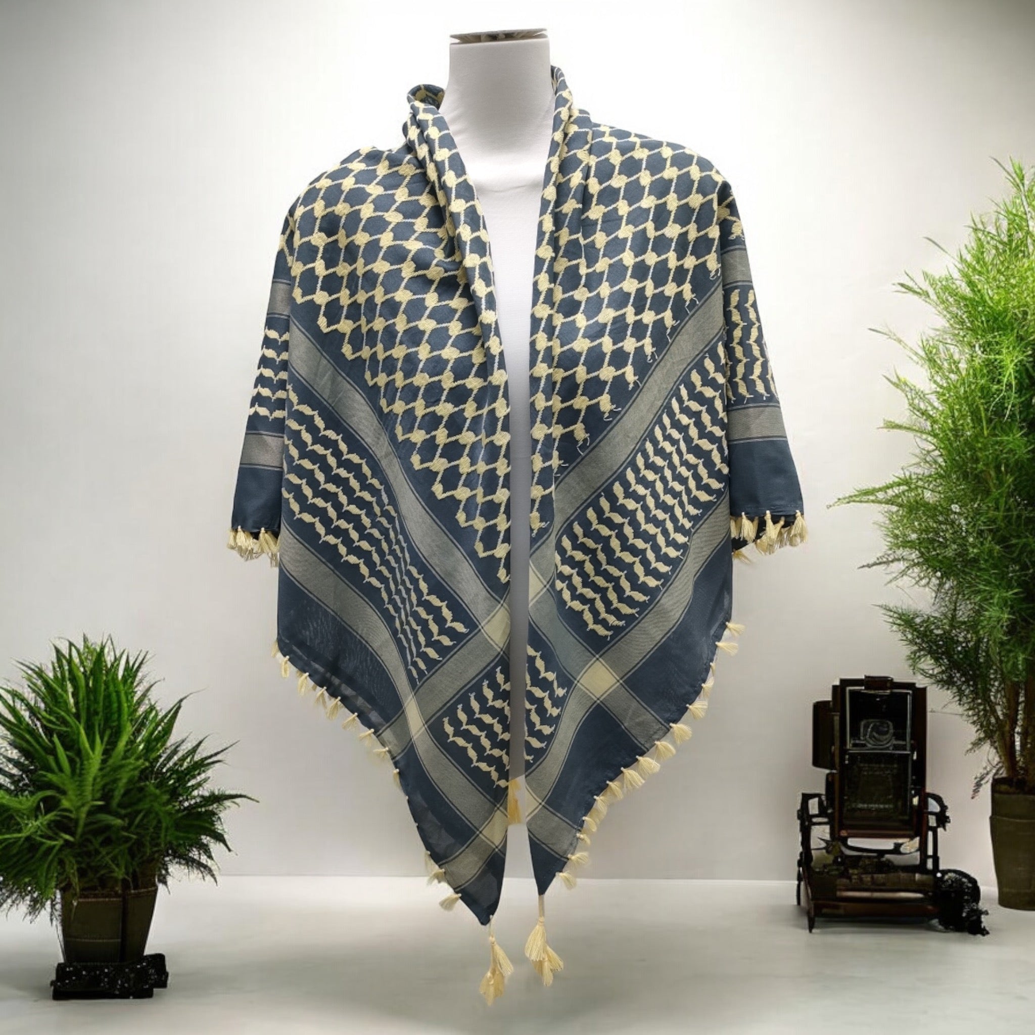 Gray and Cream Kufiya Scarf | Traditional Palestinian Keffiyeh Scarf