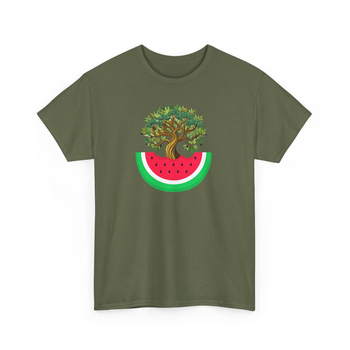 Watermelon & Olive Tree T-Shirt: A Taste of Palestine - The Kufiya ShopWatermelon & Olive Tree T-Shirt: A Taste of PalestineT-ShirtPrintifyThe Kufiya Shop12482929389087910463Military GreenSWatermelon & Olive Tree T-Shirt: A Taste of Palestine