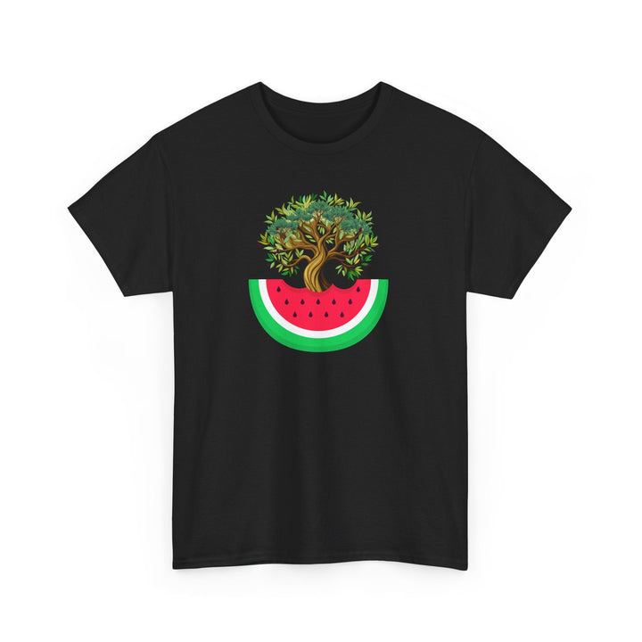 Watermelon & Olive Tree T-Shirt: A Taste of Palestine - The Kufiya ShopWatermelon & Olive Tree T-Shirt: A Taste of PalestineT-ShirtPrintifyThe Kufiya Shop67319071393253888874BlackSWatermelon & Olive Tree T-Shirt: A Taste of Palestine